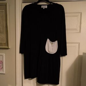 Black Long-Sleeve Dress with White Pocket Accent